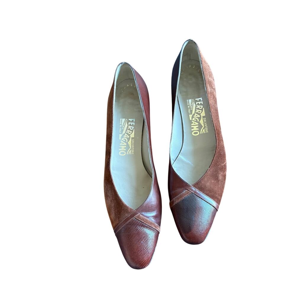 Salvatore Ferragamo Pumps 10 AAA Narrow Brown Leather Suede Cap Toe Italy FLAW